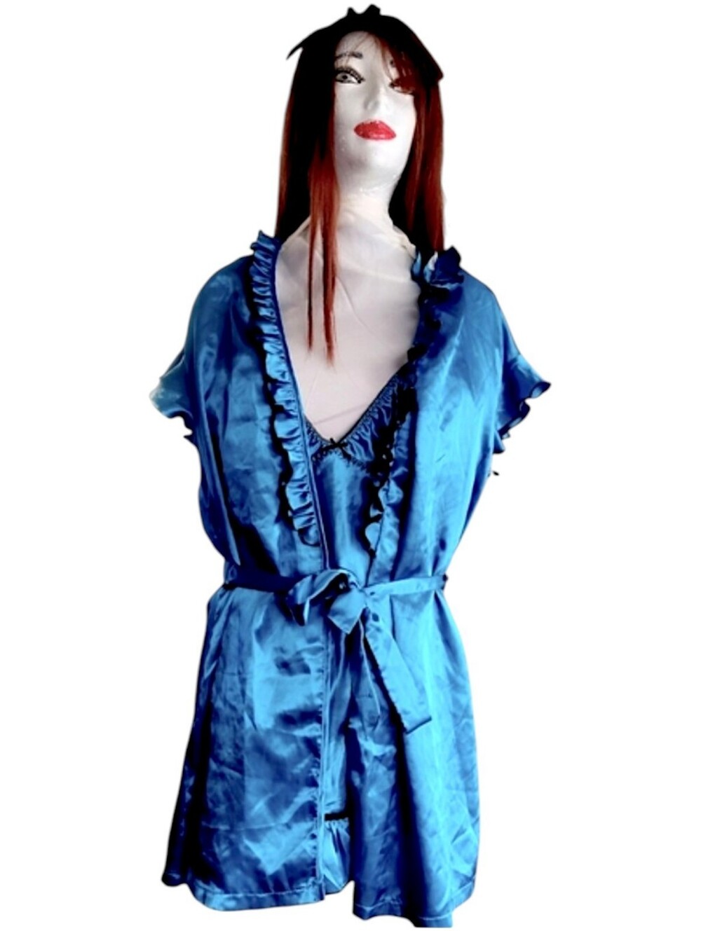 Sentiments Women's Medium Elegant Blue Satin Robe & Night Gown Pajama Set
